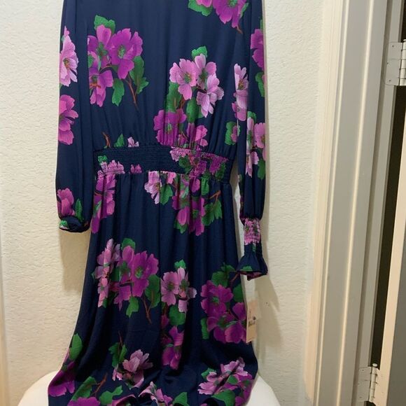 nanette Lepore Navy & Fuchsia Floral Cinched Midi Dress 10 Flowy NWT - Picture 4 of 16